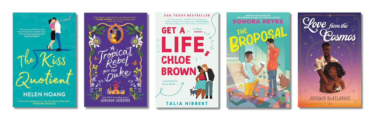 Book Recs For the Friend Who Struggles Asking for Help: The Kiss Quotient by Helen Hoang, Tropical Rebel Gets the Duke by Adriana Herrera, Get a Life, Chloe Brown by Talia Hibbert, The Broposal by Sonora Reyes, Love From the Cosmos by Mowa Badmos