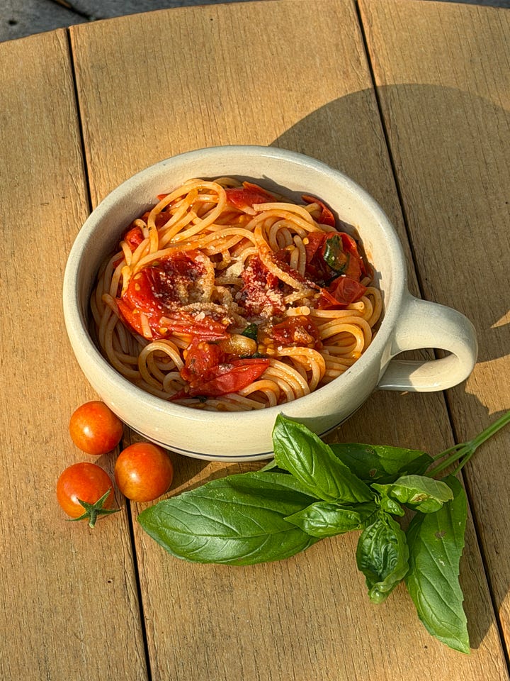 Photos showing the progression from ingredients to cooking to final marinara sauce.