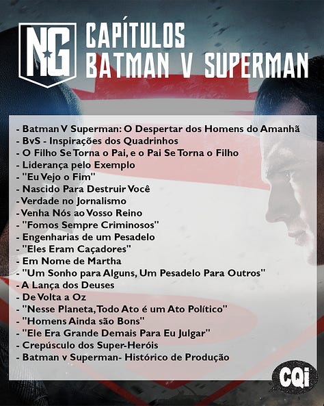 Lista de capÃtulos do livro NOVA GENESIS de Diogo Oliveira, da Editora CQI, livro nacional sobre o Snyderverse e o DCEU.