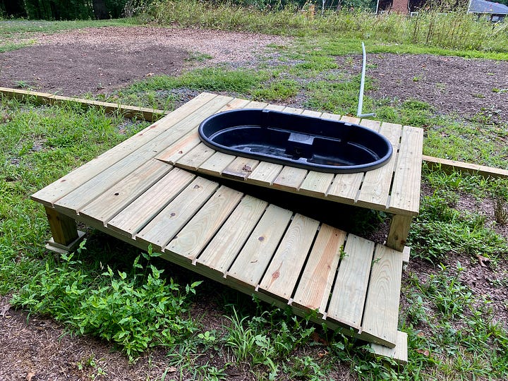 Duck pool on a raised deck and PVC plumbing to drain the pool.