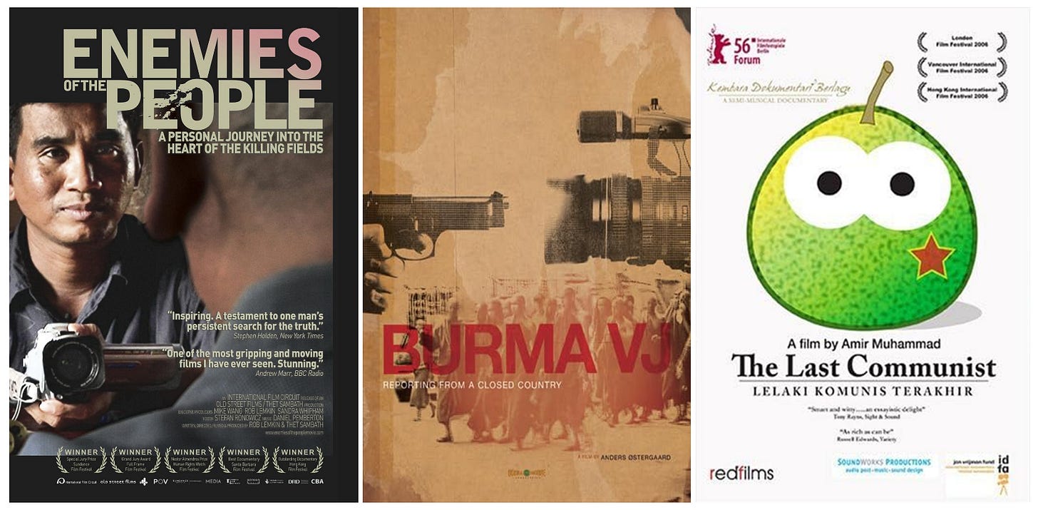 Posters of several controversial documentary films from Southeast Asia
