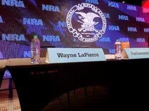 Wayne LaPierre's seat sits empty at an NRA board meeting in October 2021 Wayne LaPierre's seat sits empty at an NRA board meeting in October 2021