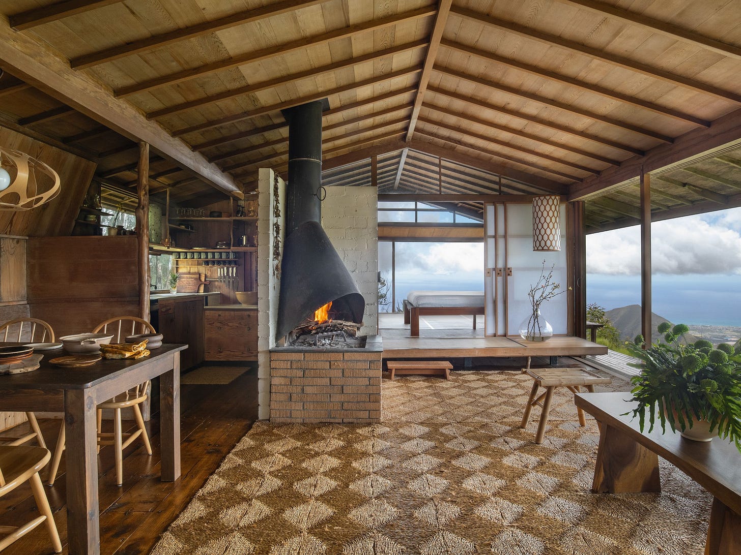 Though more rustic than in his other homes Vladimir Ossipoffs cabins openbeamed ceiling and use of natural materials...
