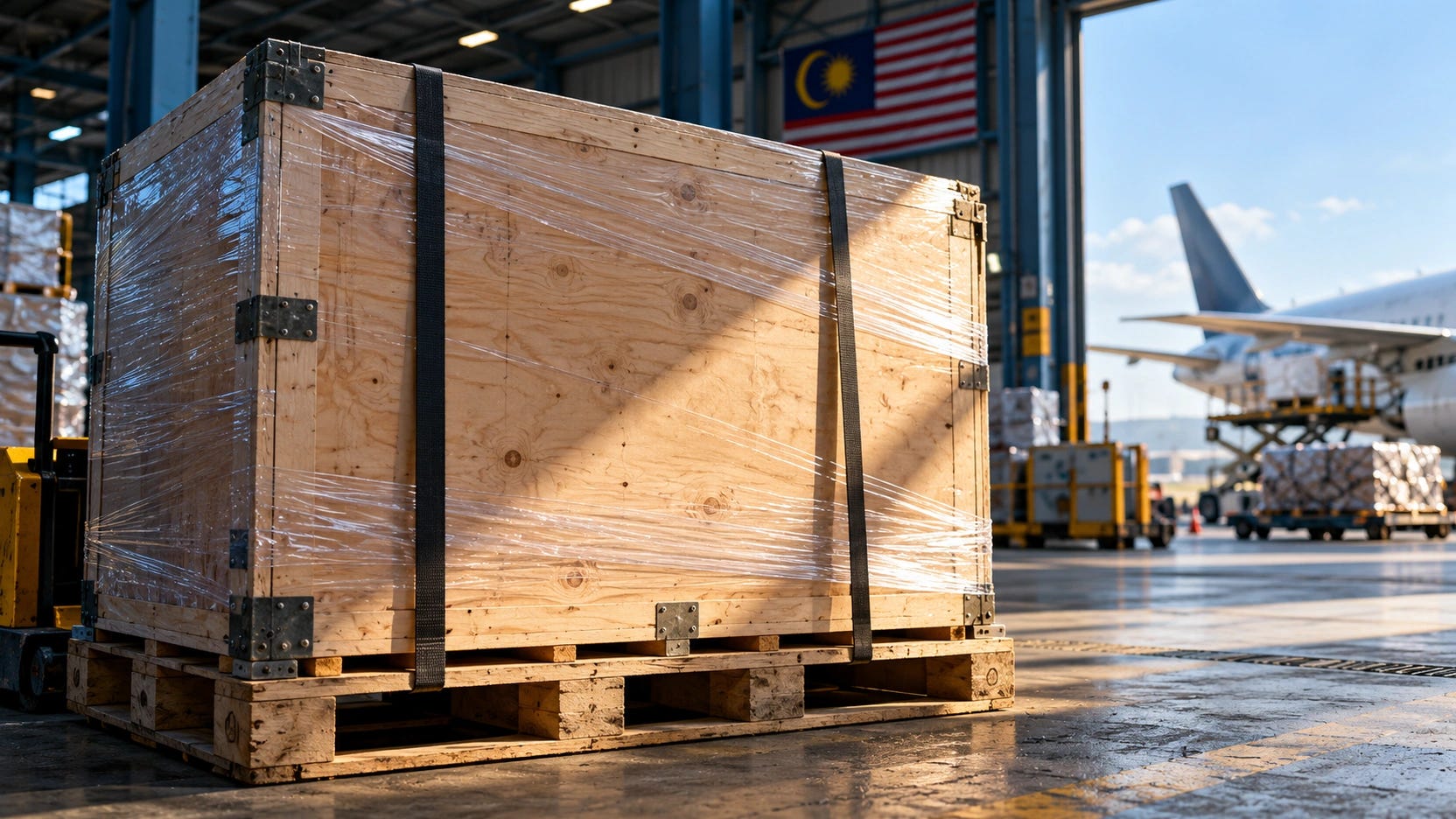 Editorial illustration of a closed timber cargo crate in an airport warehouse, representing Malaysia’s AI server seizure and its undisclosed onward destination. Editorial illustration of a closed timber cargo crate in an airport warehouse, representing Malaysia’s AI server seizure and its undisclosed onward destination.