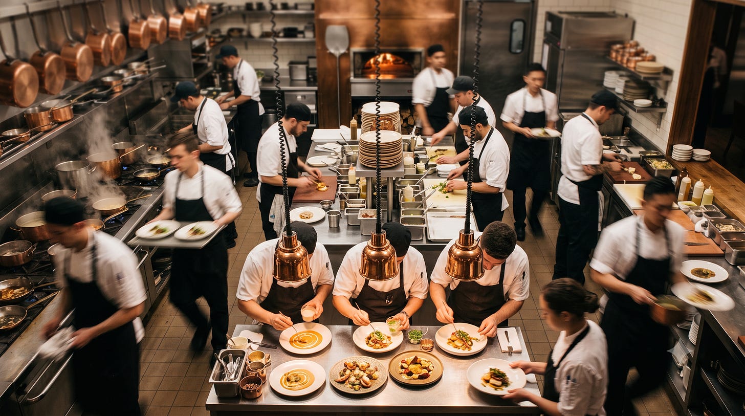 Overhead view of a busy restaurant kitchen during service, with three chefs plating dishes in the foreground under copper pendant lamps while staff move through the background carrying trays and working stations. Overhead view of a busy restaurant kitchen during service, with three chefs plating dishes in the foreground under copper pendant lamps while staff move through the background carrying trays and working stations.