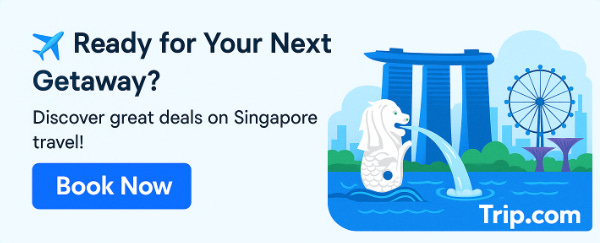 Illustration of Singapore landmarks with text promoting travel deals; includes Merlion, Marina Bay Sands, and a "Book Now" button.