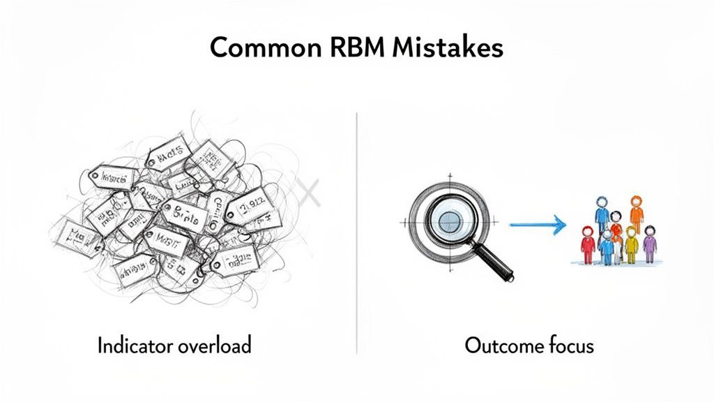 Illustration of common RBM mistakes: indicator overload (many tags) versus outcome focus (magnifying glass on people). Illustration of common RBM mistakes: indicator overload (many tags) versus outcome focus (magnifying glass on people).