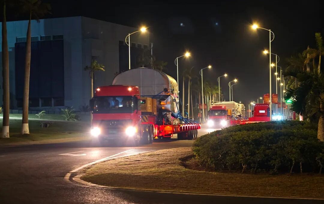 Hardware for the Chang’e 7 lunar mission being trucked into the Wenchang Space Launch Site on the night of April 9th to 10th 2026.