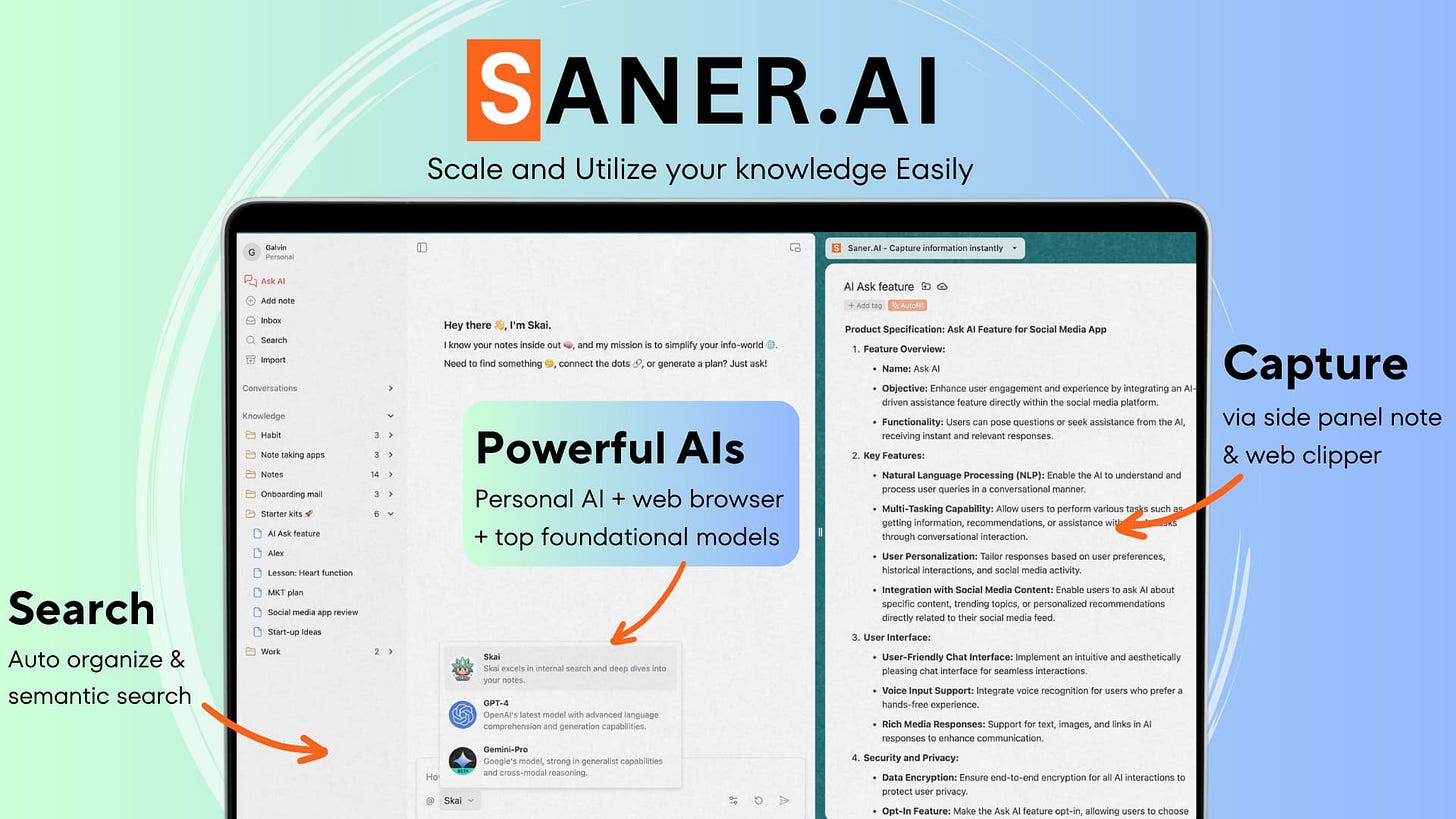 Saner.ai - Simple yet Powerful Second Brain. Chat with GPT-4, multiple AIs, and Internet Browsing in the same conversation - Community - OpenAI Developer Forum