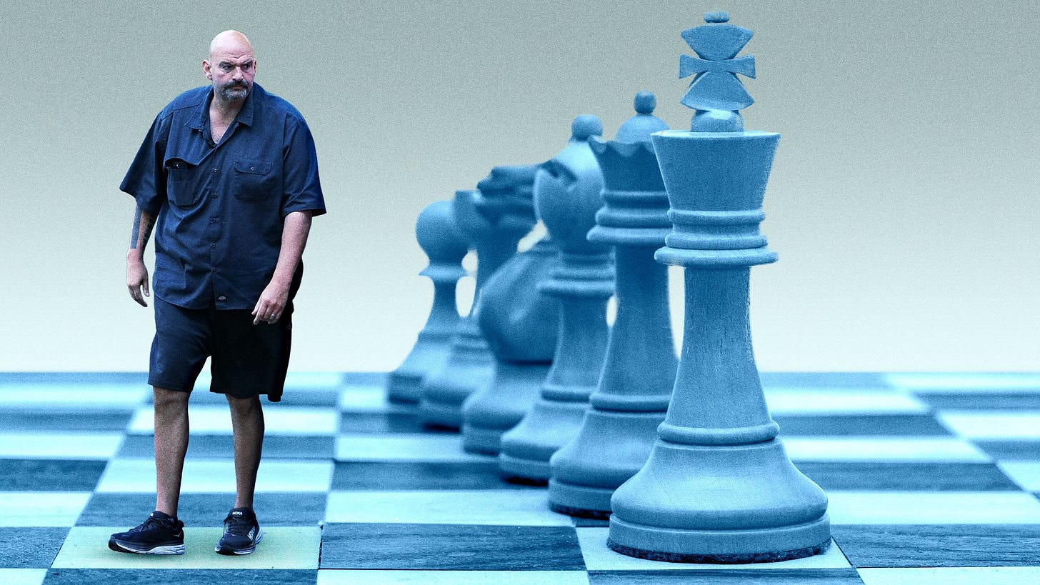 Photo illustration of John Fetterman standing on a large chessboard. 