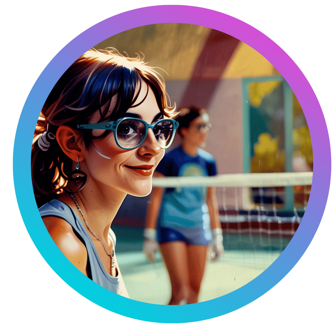 The young woman is seen from a side profile, engaging in a sports activity, likely badminton or tennis, given the net visible in the background. She is wearing large, stylish green sunglasses and has her hair tied back with a few loose strands framing her face. Her earrings are playful and complement her sporty attire. The background includes another player in blue, out of focus, indicating an active game.