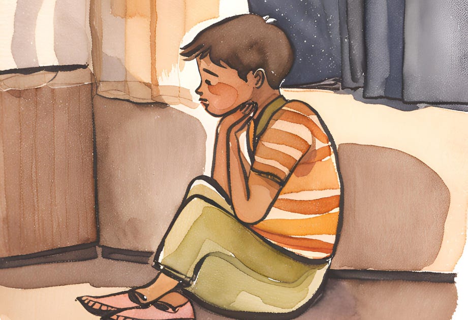 Young boy sitting on floor, feeling anxious