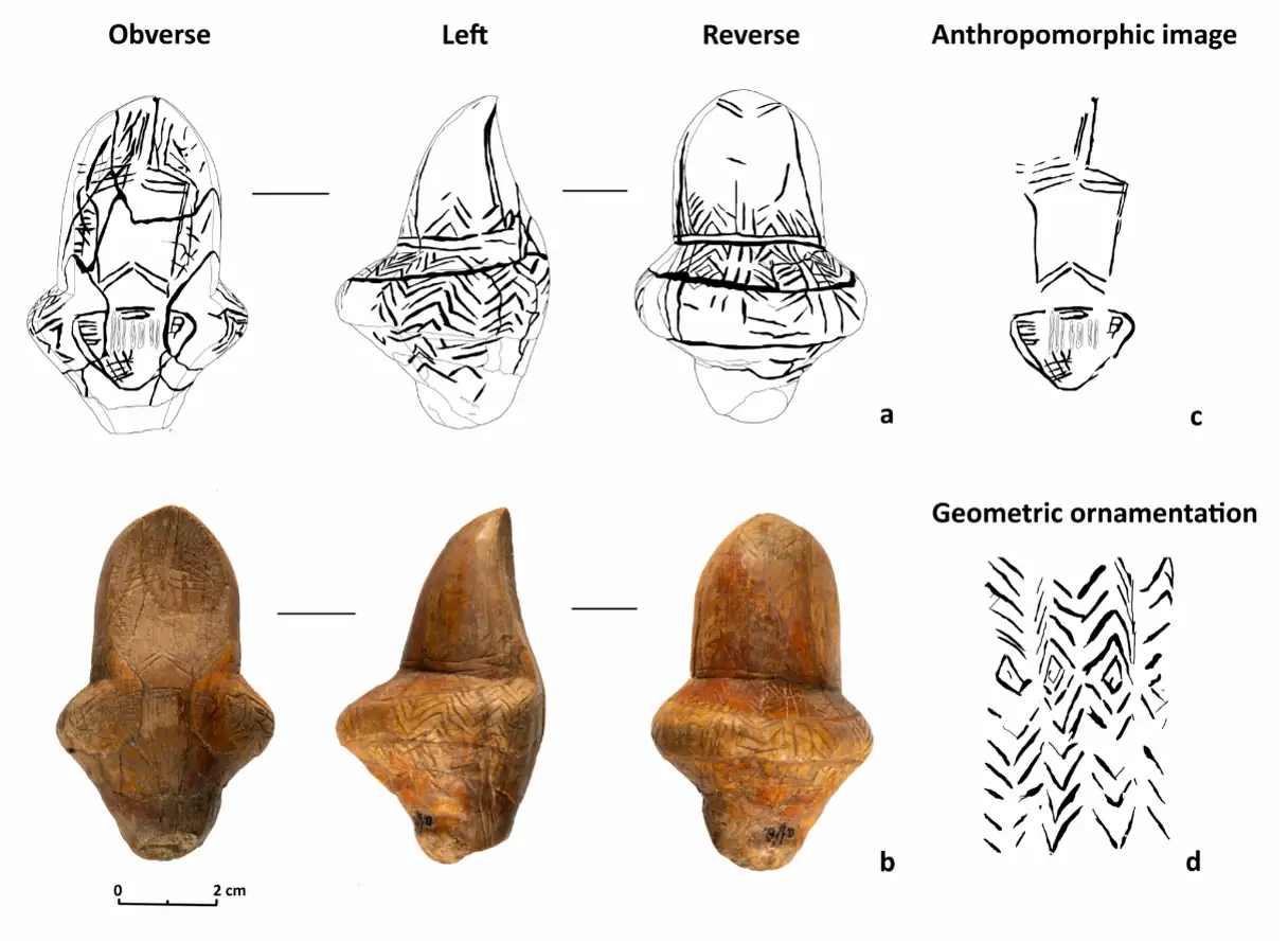 Mizyn figurine F4 in drawings and photographs, with examples of its engraved figure and of tusk-pattern ornament. Mizyn figurine F4 in drawings and photographs, with examples of its engraved figure and of tusk-pattern ornament.