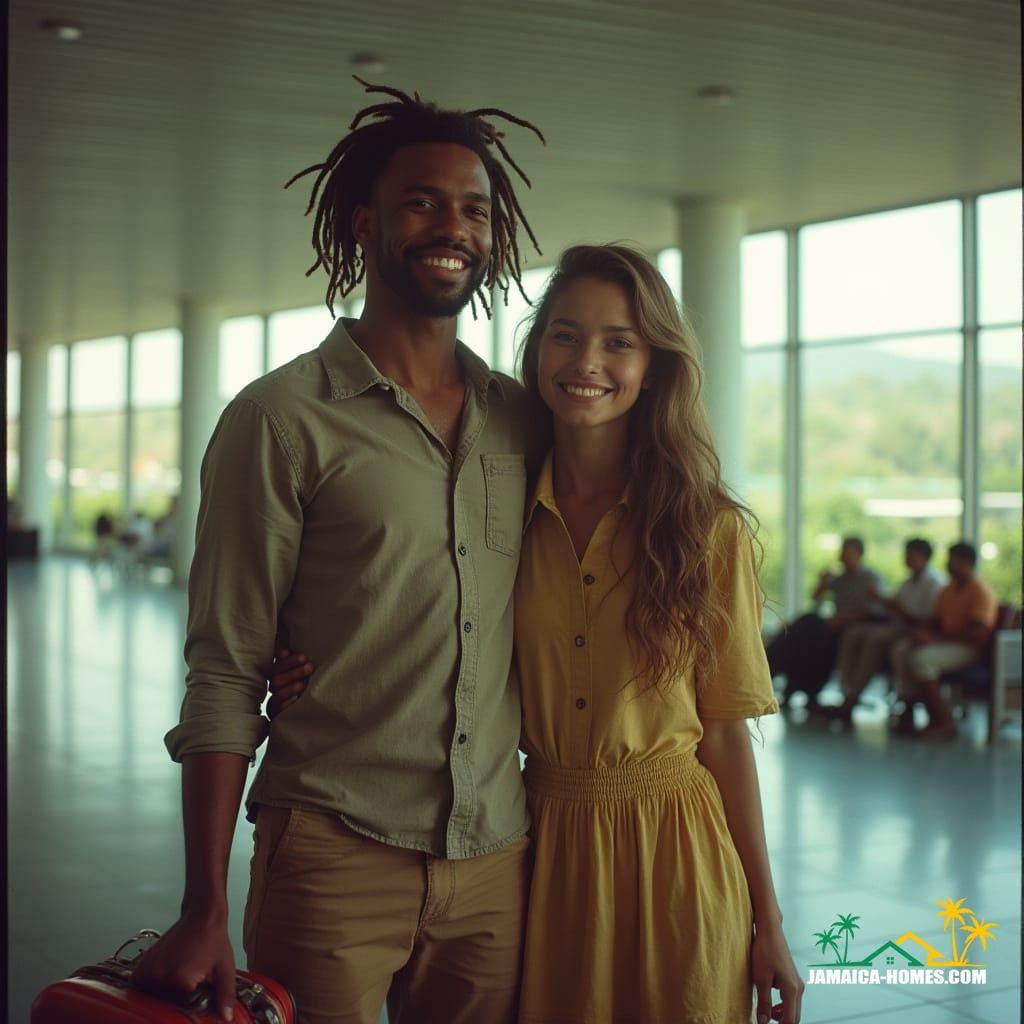 Couple arriving in Jamaica, capturing the joy and emotion of coming home.
