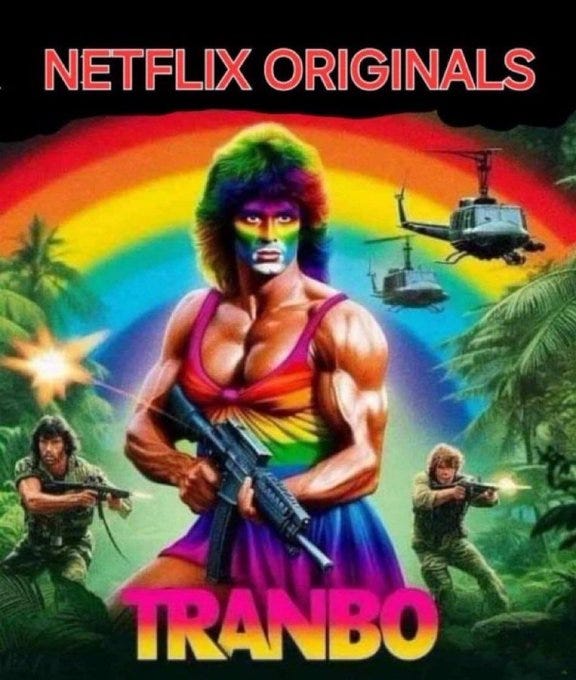 A muscular figure with rainbow-colored hair and face paint, wearing a rainbow tank top and skirt, holding a rifle. Helicopters and soldiers with guns are visible in a jungle background. The text "NETFLIX ORIGINALS" is at the top in red, and "TRANBO" is at the bottom in white.