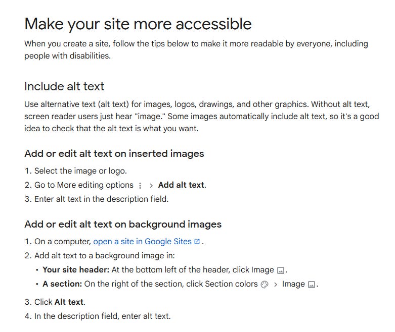 Google Sites accessibility guide explaining how to add alt text to images, logos, drawings, and background images. Google Sites accessibility guide explaining how to add alt text to images, logos, drawings, and background images.