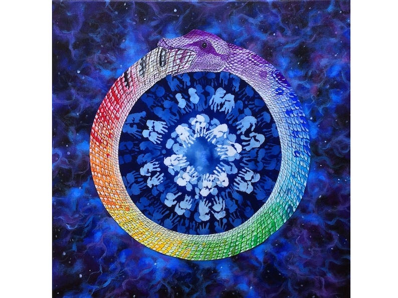 May include: Cosmic Ouroboros painting features a vibrant rainbow-colored serpent forming a circle, its scales detailed and textured.  The serpent encircles a dark blue core filled with numerous light blue handprints, creating a mandala-like effect. The background is a deep blue, reminiscent of space, with hints of purple and dark nebulae. The overall style is surreal and symbolic, suggesting themes of cyclical time, unity, and the interconnectedness of life.