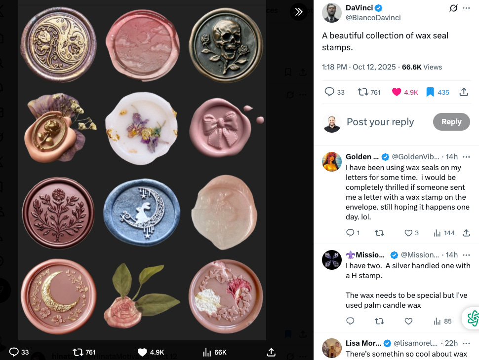 X post showing various stamps in different pinks