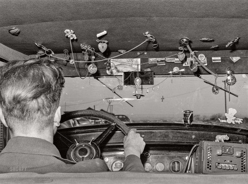 November 1941. "Trinkets in migrant agricultural worker's automobile. Wilder, Idaho." Medium format acetate negative by Russell Lee for the Farm Security Administration. View full size.

