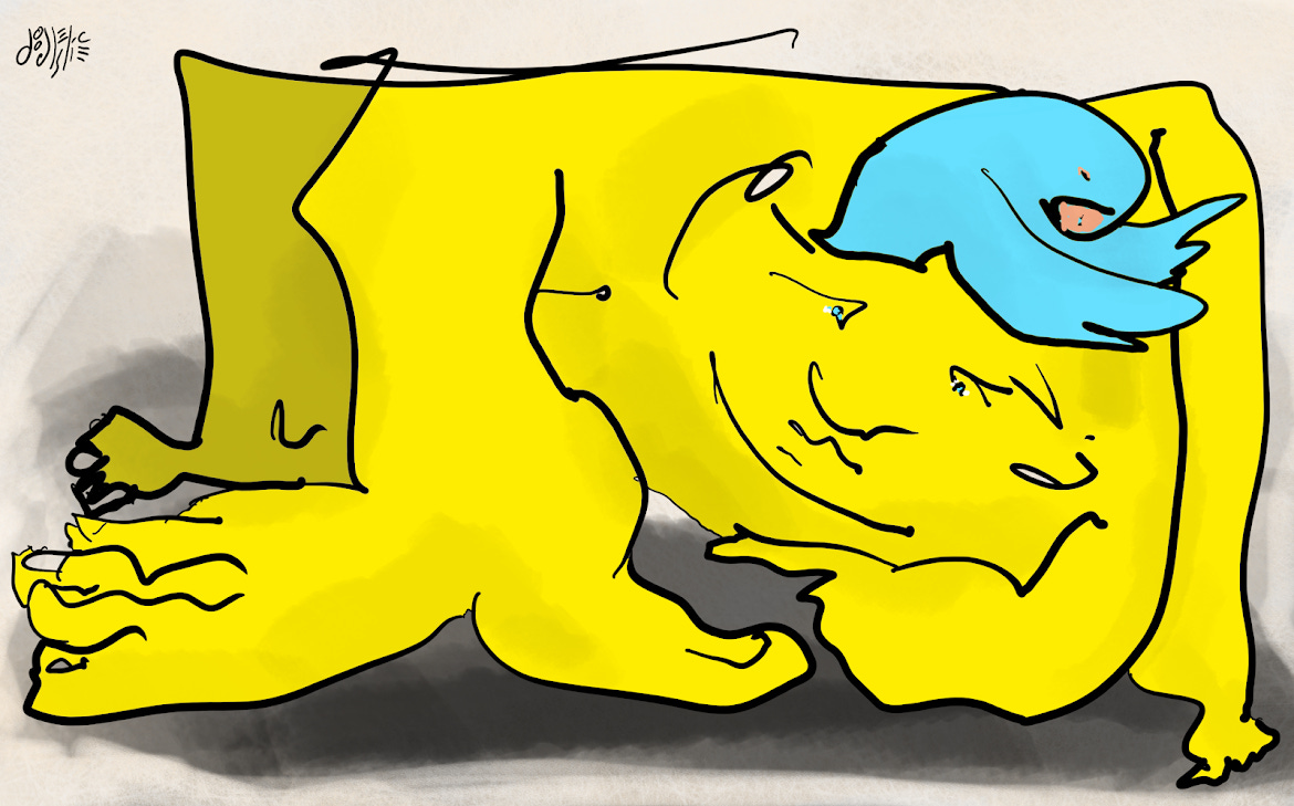 Alt Text: A cartoon of a crouched yellow figure described in bold, minimal strokes, crowned with a blue bird - wings outstretched. The figure's eyes are open. His right hand is abnormally large. His left foot is posed somewhat daintily. His right knee is angular and blocky. Art by Doodleslice 2025