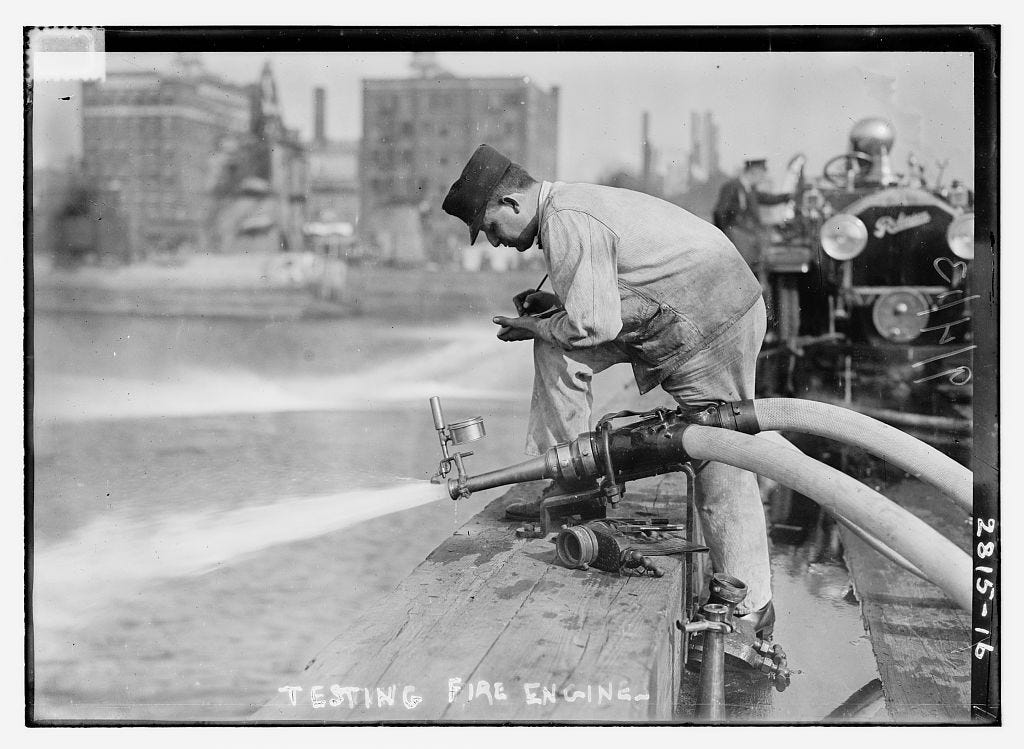 From Library of Congress: "Photo shows competition of motor pumper engines held by the International Association of Fire Engineers, New York City, Sept. 3, 1913. Pumper engines drew water from the Hudson River." September 3, 1913 From Library of Congress: "Photo shows competition of motor pumper engines held by the International Association of Fire Engineers, New York City, Sept. 3, 1913. Pumper engines drew water from the Hudson River." September 3, 1913