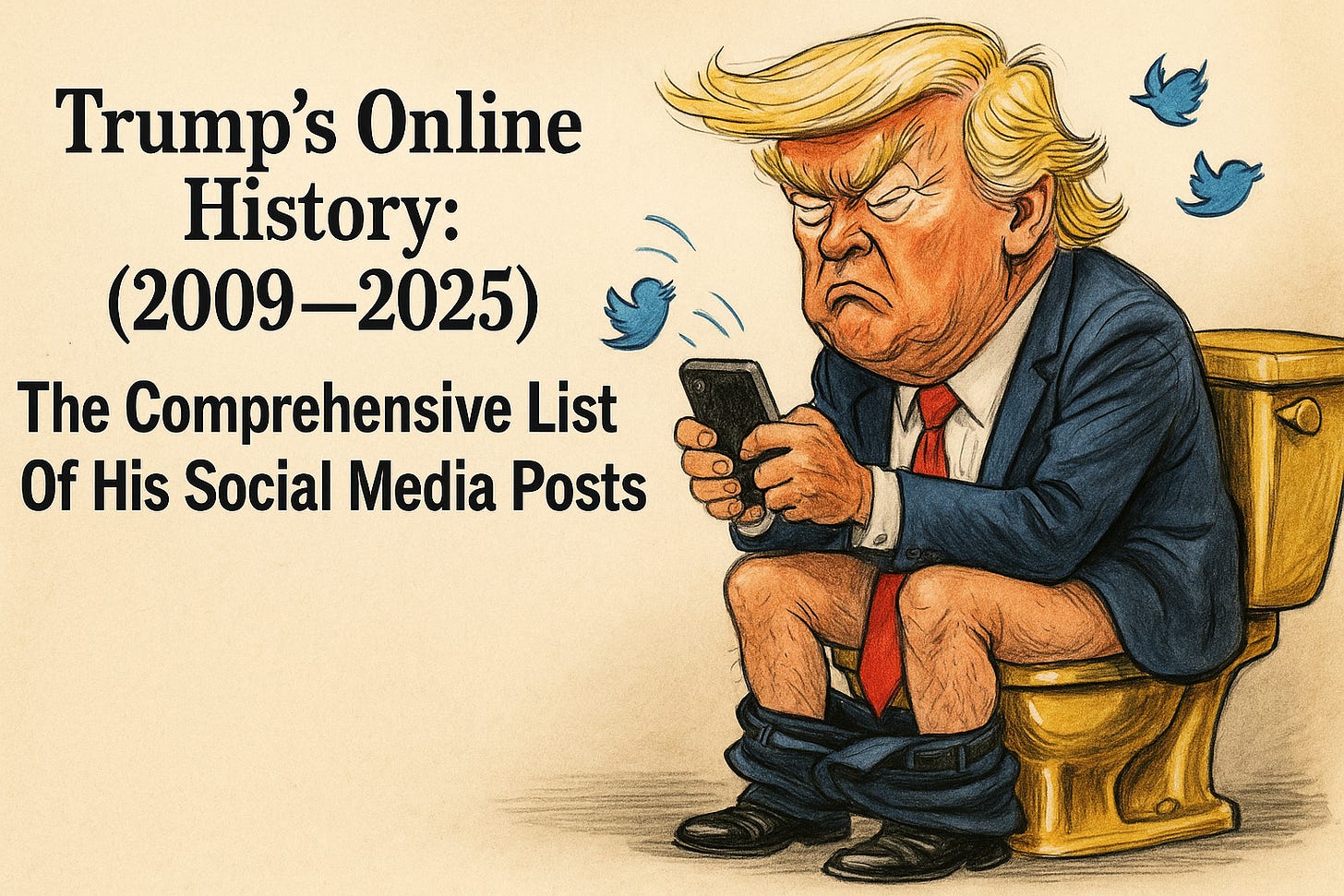 Caricature of Trump Tweeting while sitting on a golden throne - overlaid with text; "Trump’s Online History: (2009—2025)The Comprehensive List Of His Social Media Post" 