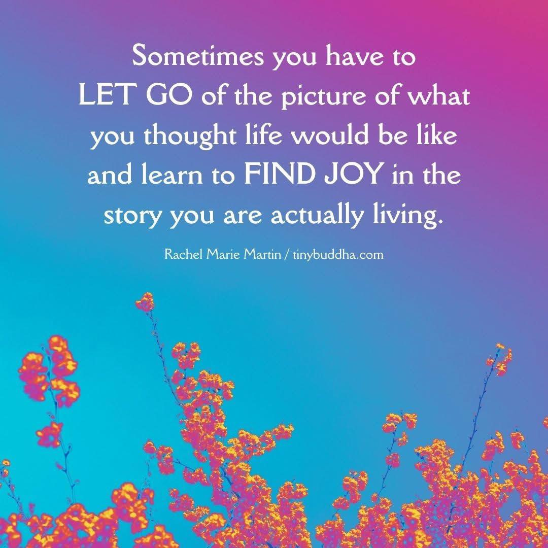 May be an image of text that says 'Sometimes you have to LET GO of the the picture of what you thought life would be like and learn to FIND JOY in the story you are actually living. Rachel Marie Martin/ tinybuddha.com'