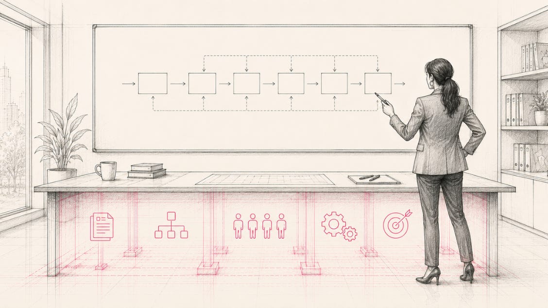 Minimalist architectural sketch of a leader presenting a workflow on a planning board, while beneath the desk a cutaway foundation reveals pink icons for documents, organizational structure, people, processes, and goals, symbolizing the unseen factors behind a leadership mandate. Minimalist architectural sketch of a leader presenting a workflow on a planning board, while beneath the desk a cutaway foundation reveals pink icons for documents, organizational structure, people, processes, and goals, symbolizing the unseen factors behind a leadership mandate.