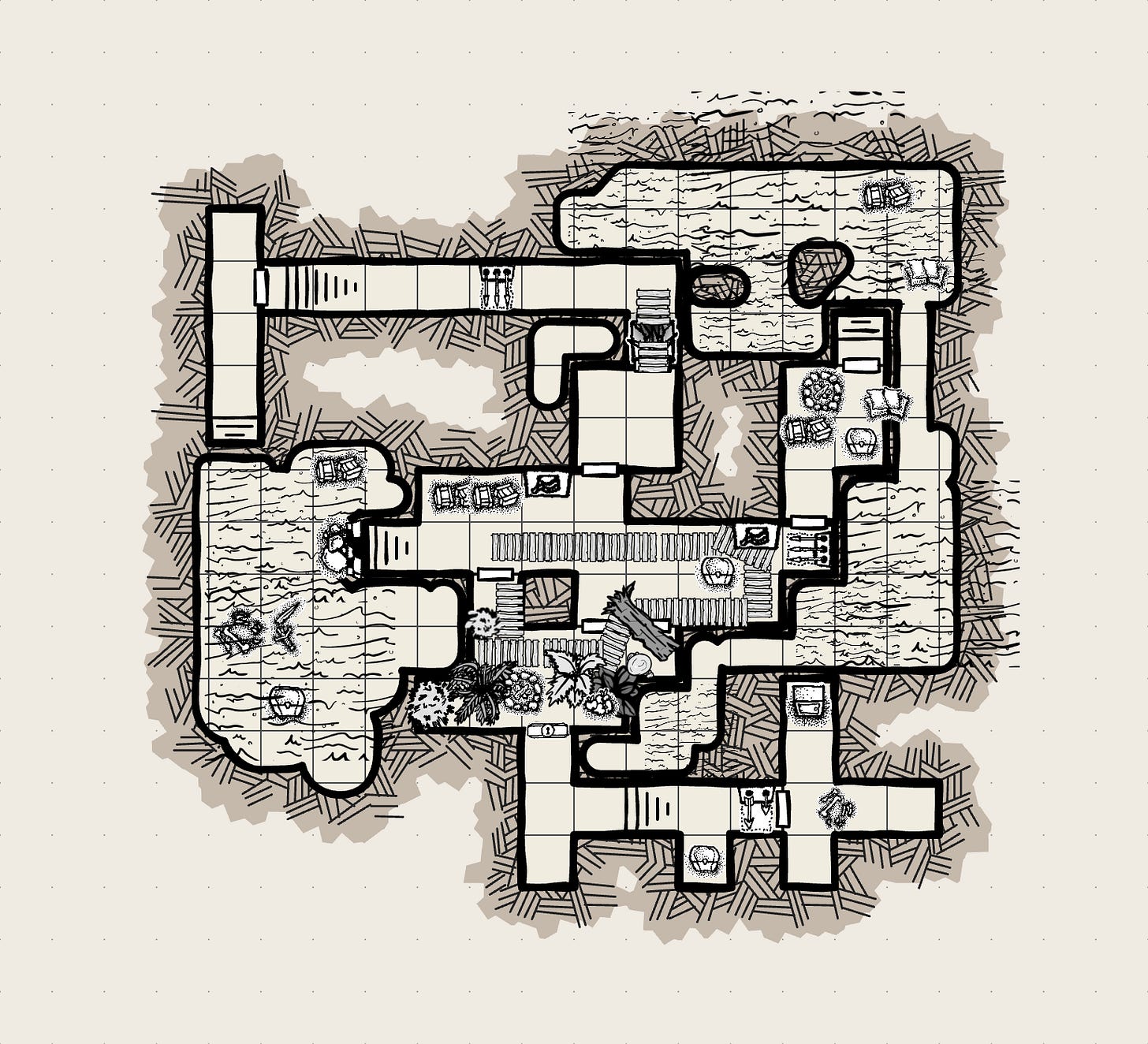A dungeonscrawl top down map. It shows a factory, with some flooded, including a central area with a conver belt, and overgrown with trees. there are also several traps and treasure chests spotted around the map.