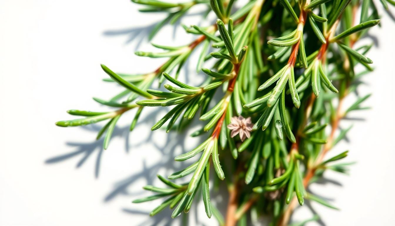 A vibrant, close-up photograph of rosemary sprigs with water droplets glistening on the delicate green leaves. 