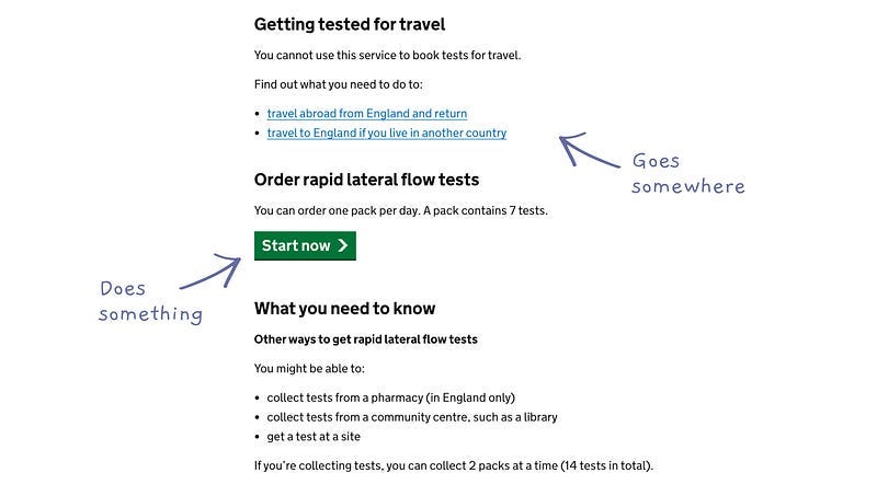 A screenshot of the gov.uk website where buttons and links are used correctly to differentiate utility and consequent interaction A screenshot of the gov.uk website where buttons and links are used correctly to differentiate utility and consequent interaction