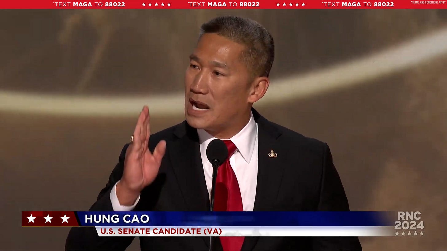 May be an image of ‎newsroom and ‎text that says '‎"TEXT MAGA TEXTMAGATO88022 TO 88022 ***** TEXT MAGA 8022 O 88022 **** TEXT MAGA to 88022 'รรงอหวง A5A53COOD رگق HUNGCAO HUNG CAO U.S. SENATE CANDIDATE (VA) RNC 2024‎'‎‎