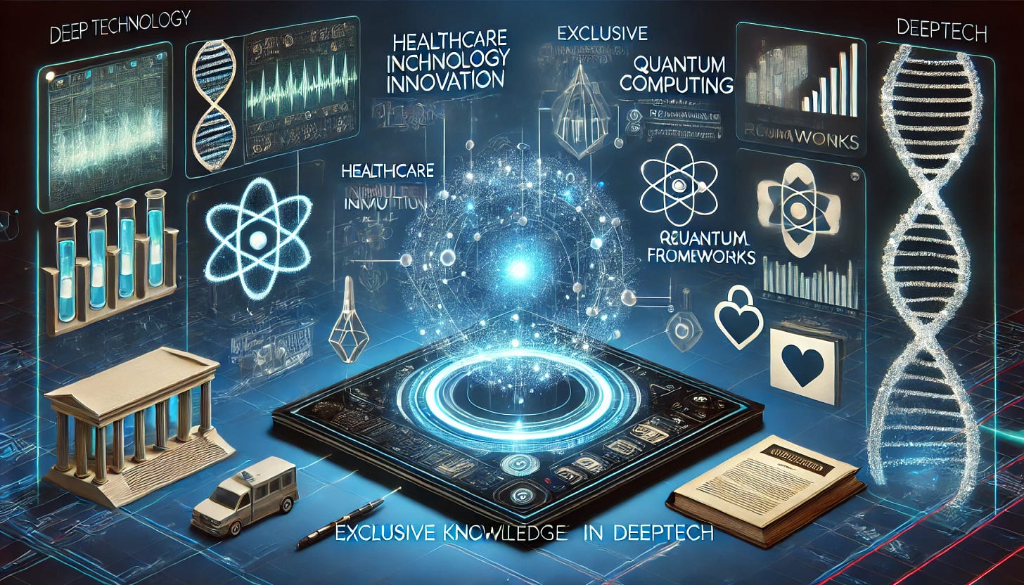A futuristic, high-tech themed image representing deep technology insights. The scene features interconnected elements of healthcare innovation, quantum computing, and regulatory frameworks. A glowing holographic interface displays medical advancements, quantum algorithms, and legal documents, symbolizing cutting-edge developments. The background is deep blue with neon highlights, creating a sophisticated and forward-looking atmosphere that conveys exclusive knowledge in deeptech.