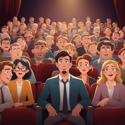 Depict someone in the crowd of a busy theatre. He has a confused expression on his face while everyone around him is happy. Make it obvious he is in a theatre. Everyone is sitting down. Have more focus on the confused person