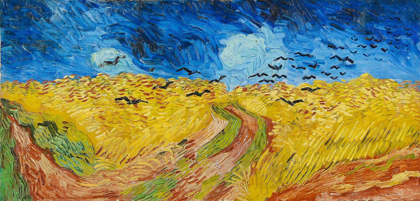 A painting of a wheat field with crows flying above.