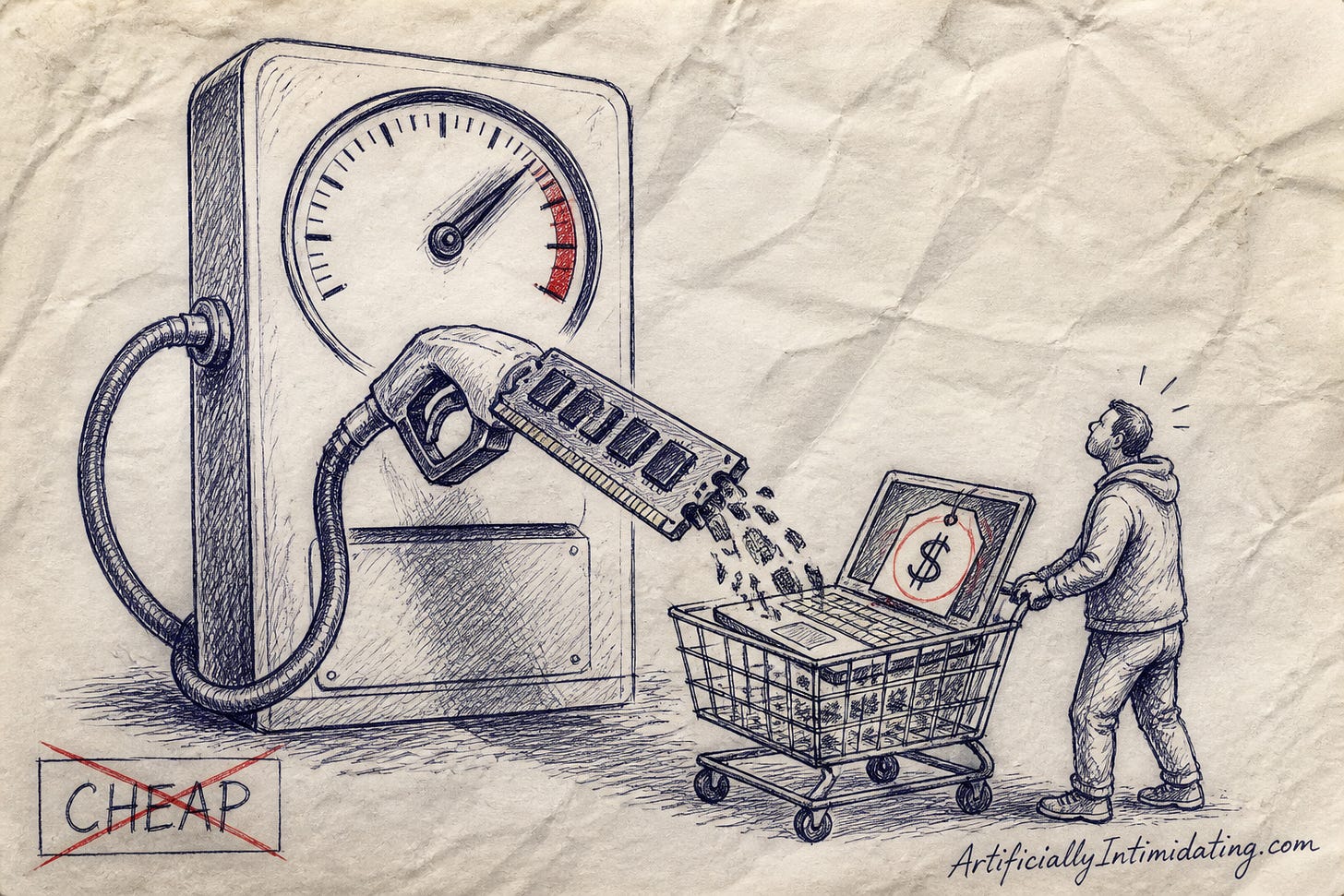A giant gas pump with a computer memory stick as its nozzle fills a shopping cart holding a laptop, the price dial spinning upward, while a shopper looks on and a sign reading CHEAP is crossed out. A giant gas pump with a computer memory stick as its nozzle fills a shopping cart holding a laptop, the price dial spinning upward, while a shopper looks on and a sign reading CHEAP is crossed out.