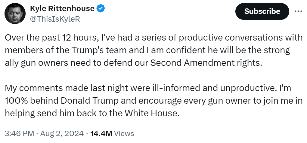 Over the past 12 hours, I've had a series of productive conversations with members of the Trump's team and I am confident he will be the strong ally gun owners need to defend our Second Amendment rights.  My comments made last night were ill-informed and unproductive. I'm 100% behind Donald Trump and encourage every gun owner to join me in helping send him back to the White House