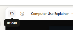 Claude Design preview toolbar with the Reload button highlighted in the upper-left corner.