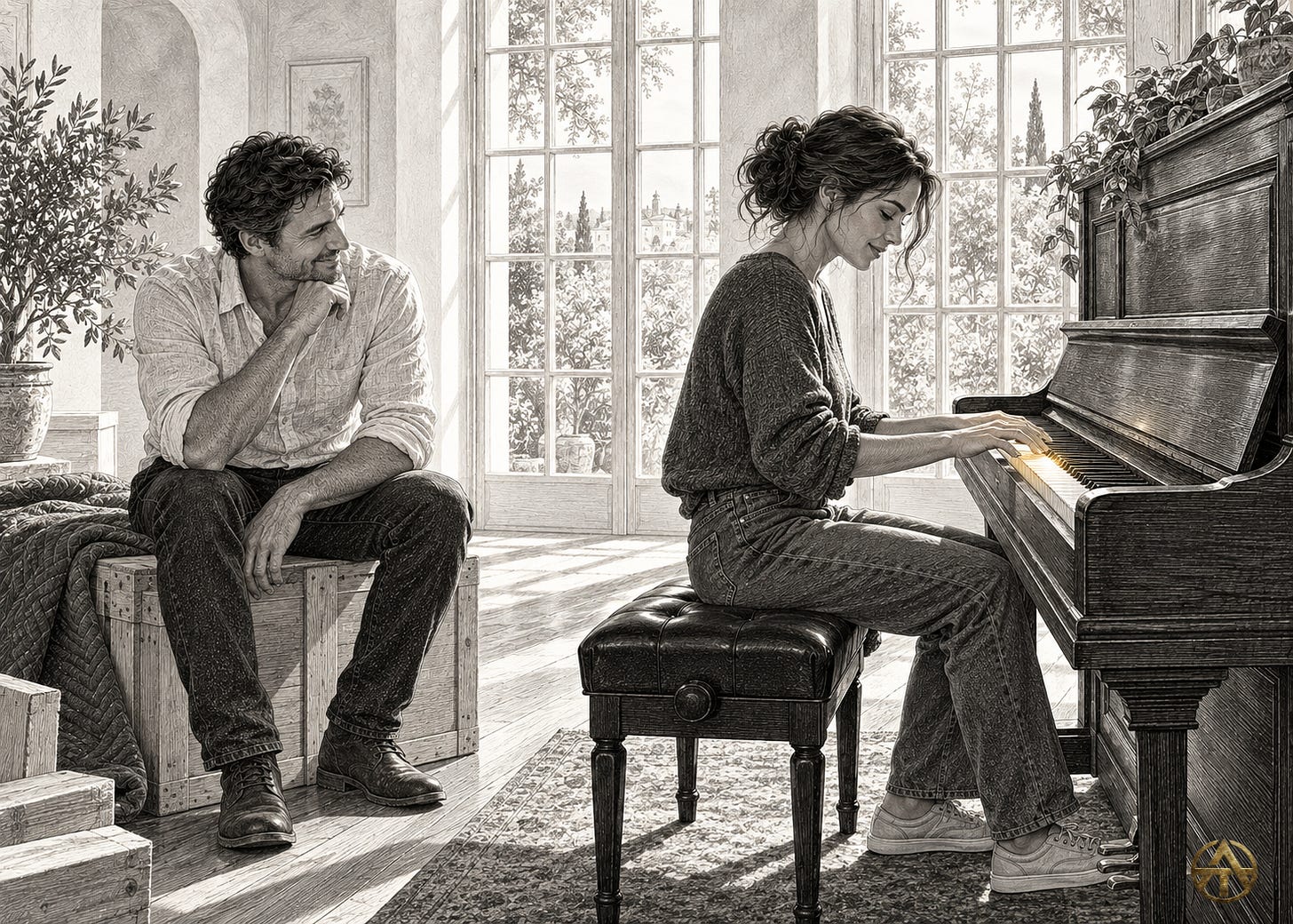 A man seated on a wooden crate watches a woman play an upright piano, with a soft glow across the keys.
