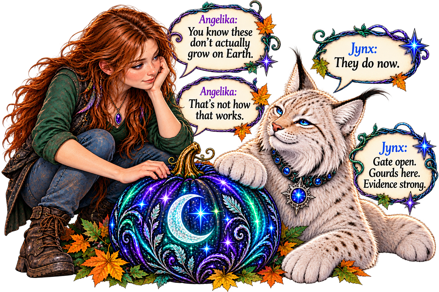Angelika saying Grow Gourds don't grow on Earth. Jynx saying now they do. Angelika saying Grow Gourds don't grow on Earth. Jynx saying now they do.