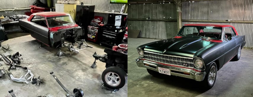 On the left is a car in pieces, on the right is a pretty car. On the left is a car in pieces, on the right is a pretty car.