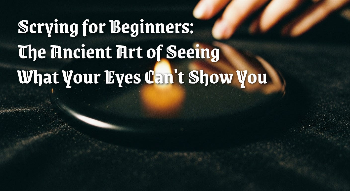 A photorealistic close-up of a perfectly circular, polished obsidian scrying mirror resting on a dark velvet cloth, subtly reflecting an out-of-focus candle flame, with elegant fingers nearby, presented in a moody, high-contrast vintage style.