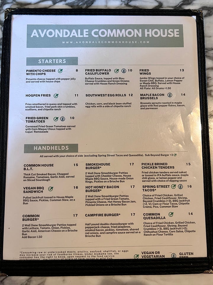 front and back of an Avondale Common House menu