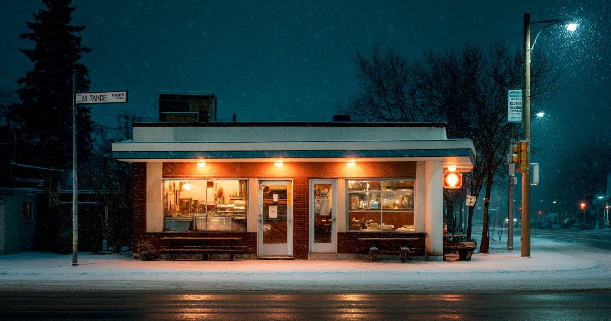 Warm light glowing from a small-town Canadian diner on a snowy morning, steam rising from a coffee mug by the window. Warm light glowing from a small-town Canadian diner on a snowy morning, steam rising from a coffee mug by the window.