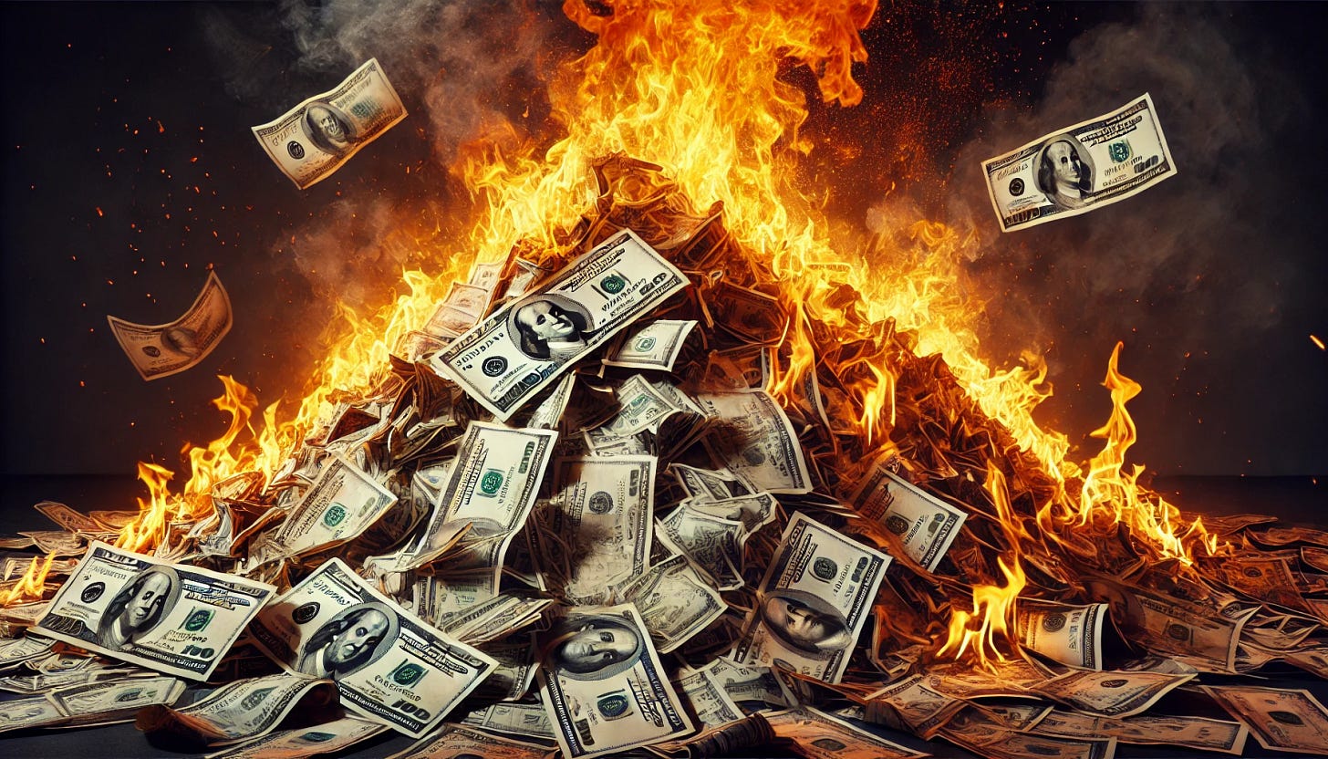 A large pile of American dollar bills engulfed in bright flames, with the fire consuming the money, sending up smoke and ashes. The scene is dramatic, with the flames vividly illuminating the pile of money and casting a fiery glow. The dollar bills are detailed, showing recognizable features of U.S. currency. The background is dark and slightly blurred, emphasizing the wide, fiery scene in the foreground. The composition is in a widescreen, landscape format.