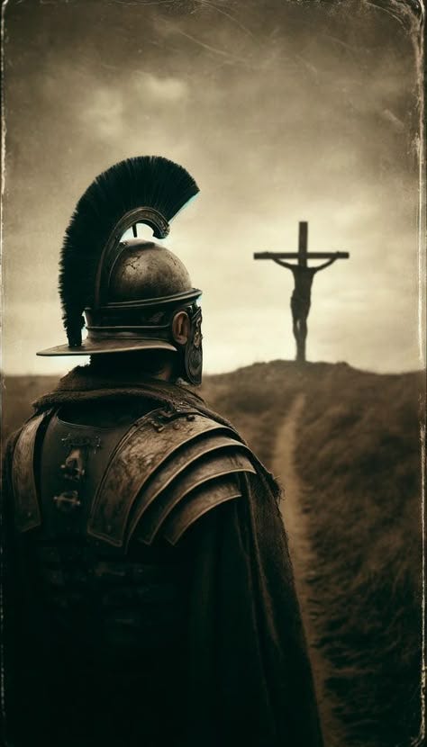 This may contain: a man in armor standing next to a crucifix on top of a hill