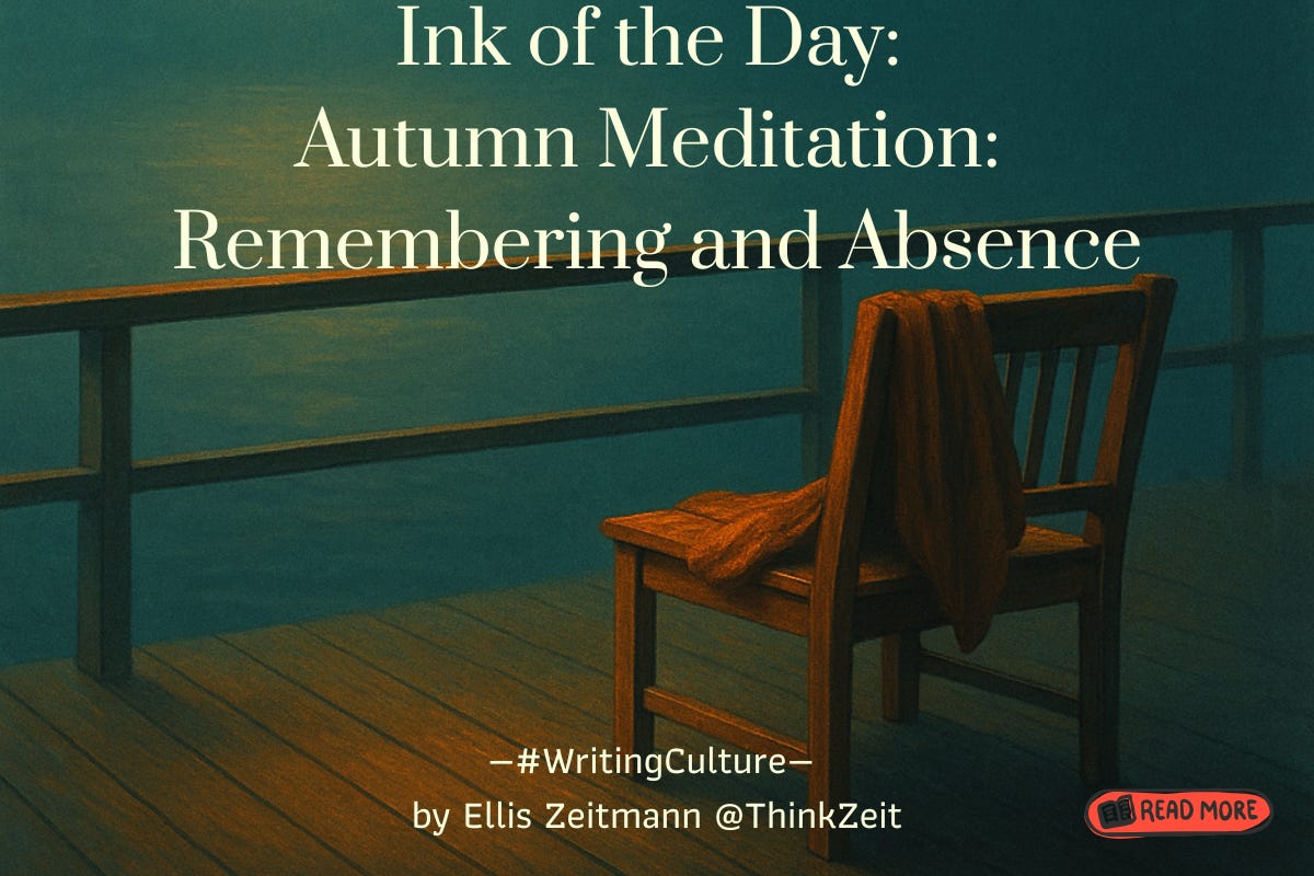 A wooden chair on a misty pier lit by warm amber light fading into teal-grey shadows, symbolizing remembrance and absence. The image evokes the final warmth of Indian Summer and the quiet psychology of letting go. By Ellis Zeitmann, for ThinkZeit. A wooden chair on a misty pier lit by warm amber light fading into teal-grey shadows, symbolizing remembrance and absence. The image evokes the final warmth of Indian Summer and the quiet psychology of letting go. By Ellis Zeitmann, for ThinkZeit.