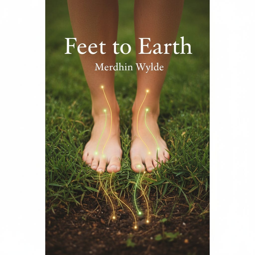 Feet on soft grass with glowing lines symbolizing connection to earth.