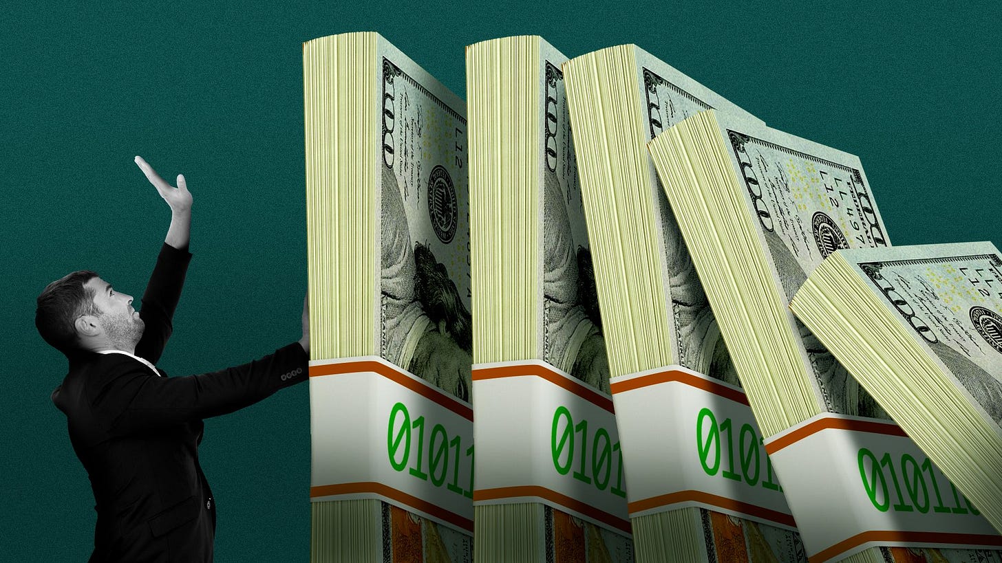 Illustration of stacks of hundred dollar bills with binary numbered bands falling over like dominos onto a businessman