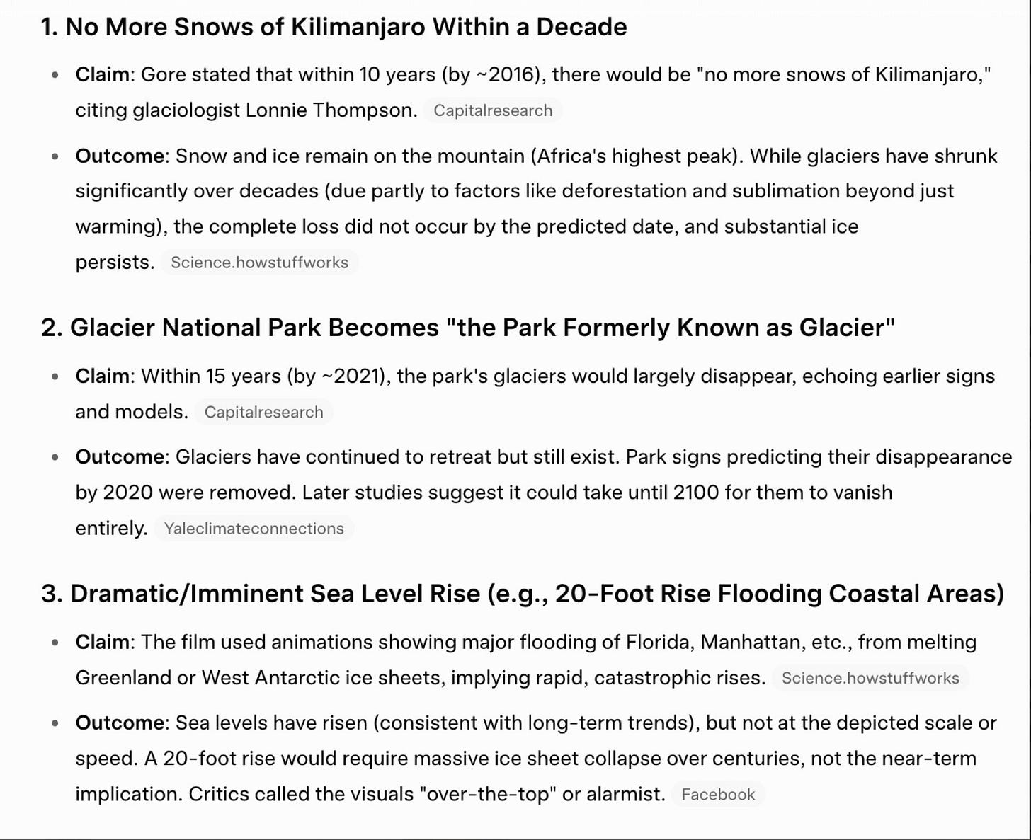 Text summarizing climate change predictions and outcomes regarding glaciers in Kilimanjaro and Glacier National Park, highlighting discrepancies between claims and actual developments. Text summarizing climate change predictions and outcomes regarding glaciers in Kilimanjaro and Glacier National Park, highlighting discrepancies between claims and actual developments.